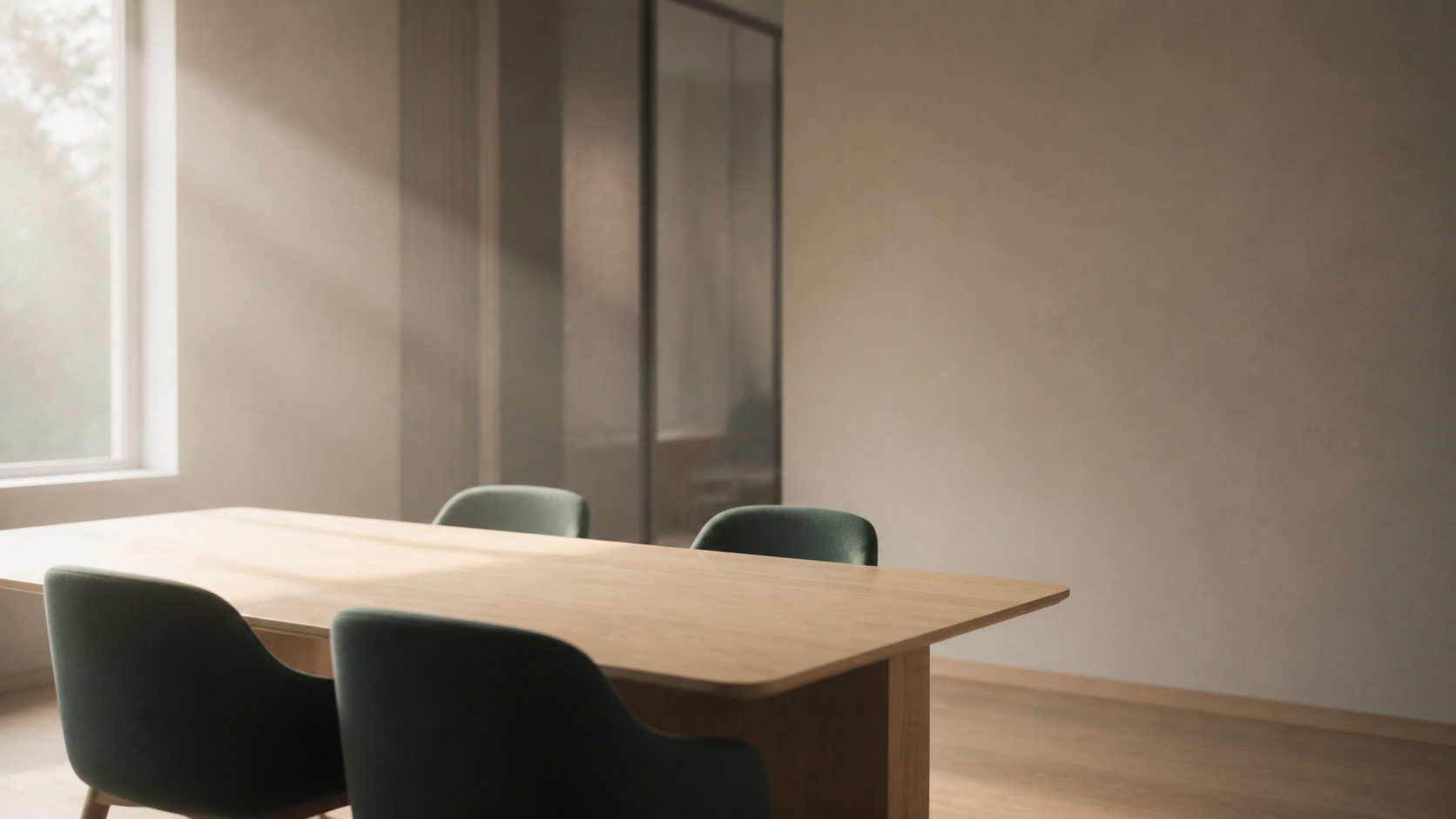 Empty meeting room with a pale oak table and four muted sage chairs