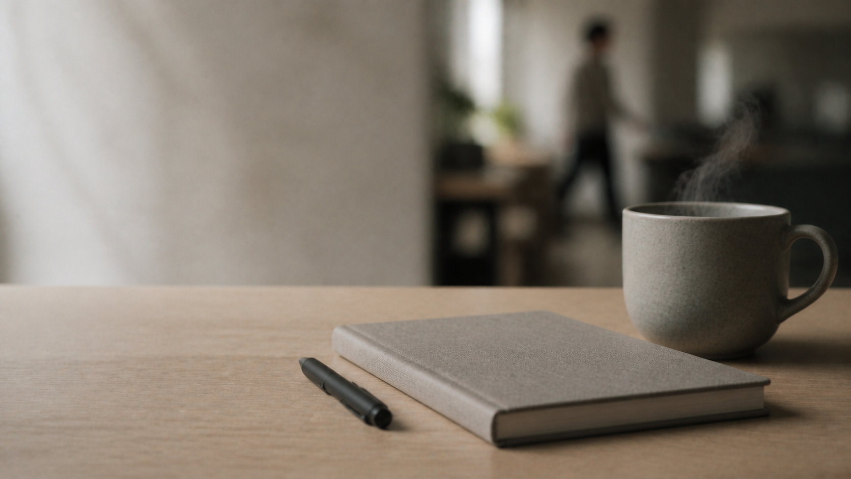 Blank linen notebook, black pen, and steaming stoneware cup on pale oak
