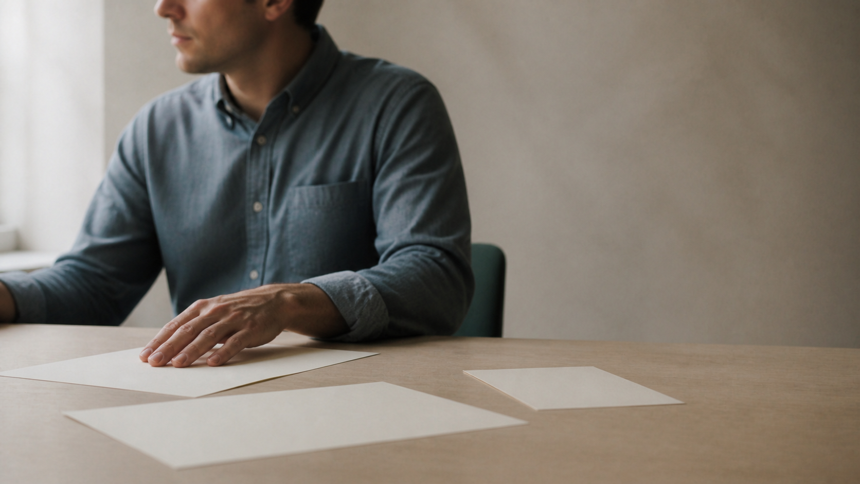 Professional in slate blue pausing over blank cream papers