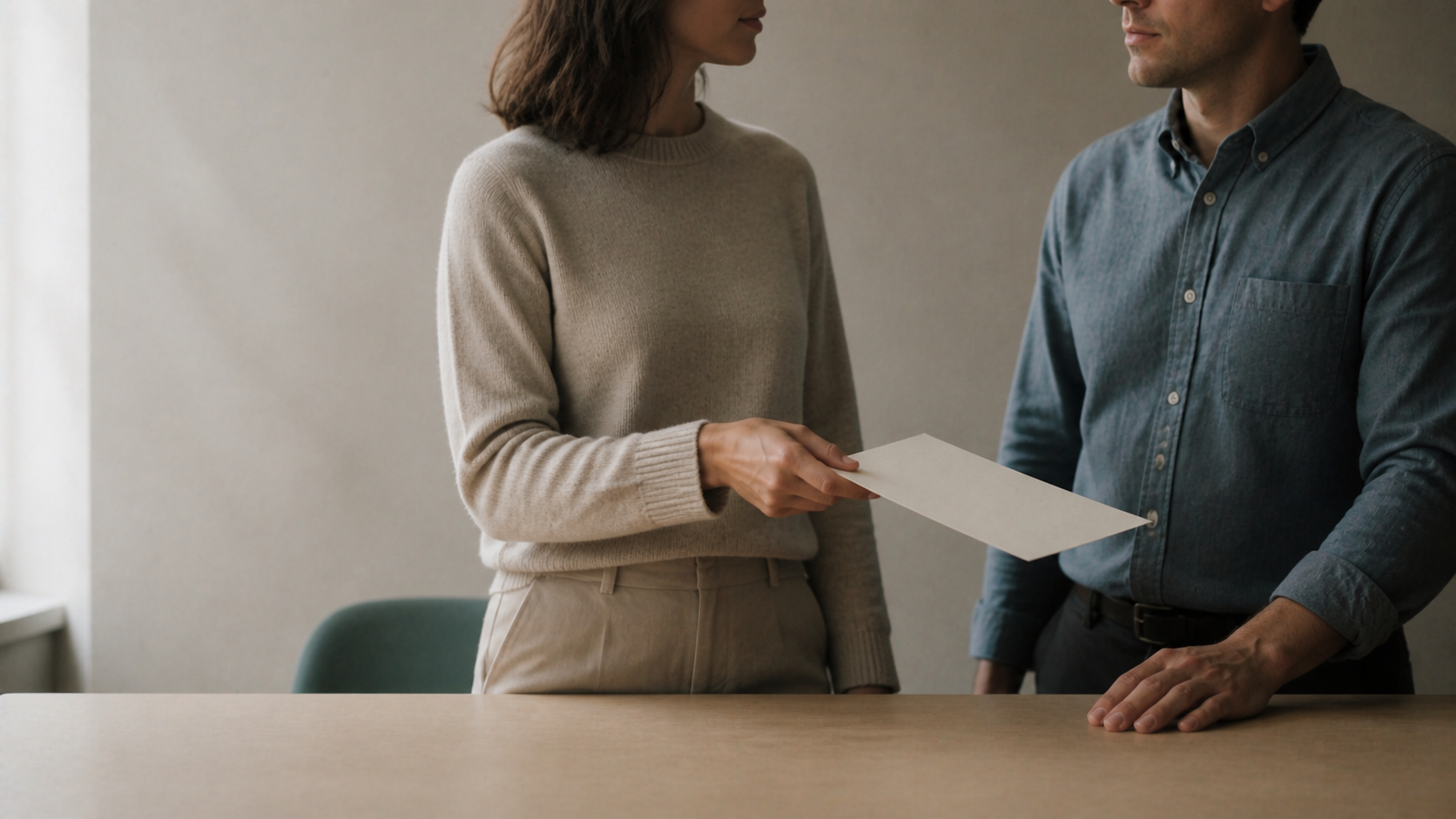 Two professionals calmly passing a blank cream document across a pale oak table